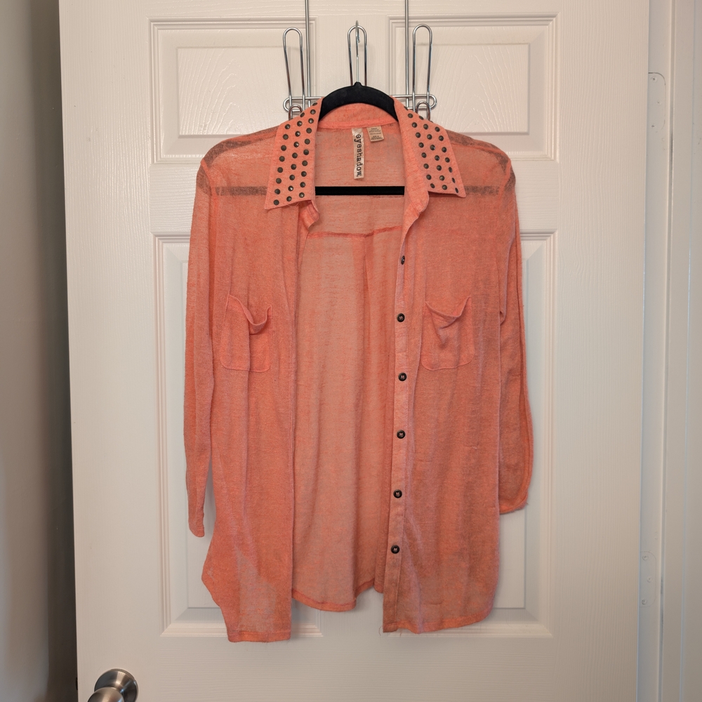 Studded Collar Sheer Coral Blouse